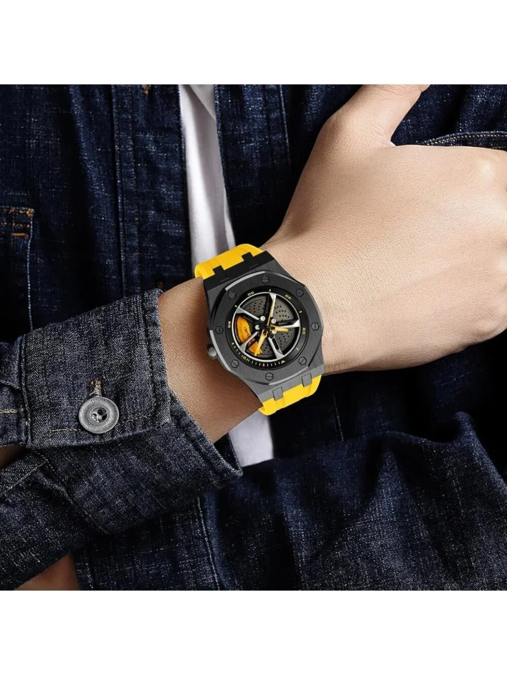Men's Yellow Analog 3D Spinning Car Wheel Rotating Design Stainless Steel Watch